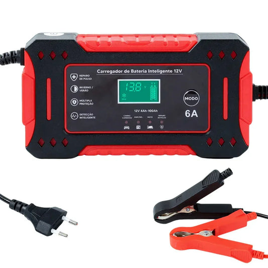 12V smart car battery charger with LCD screen, red and black design, power plug and clamps