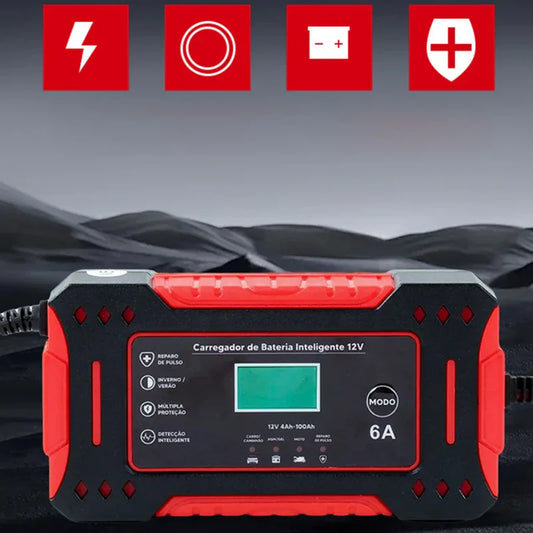 Clarioy 12V intelligent battery charger with LED display, red and black auto tool