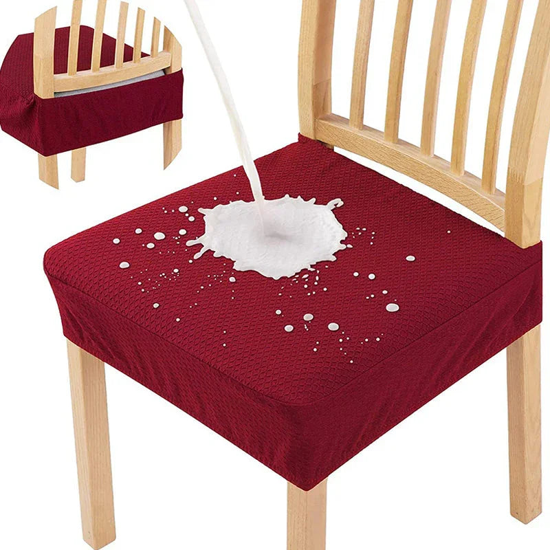 Waterproof red chair cover protecting wooden chair from spills, homeware accessory by clarioy