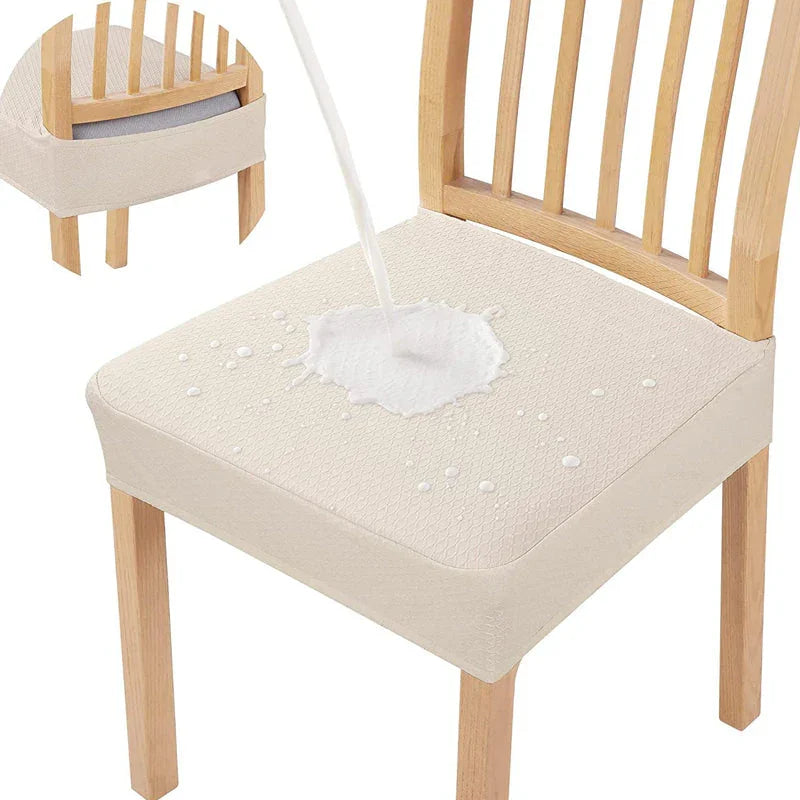 Waterproof chair seat cover in beige, repelling liquid, on wooden dining chair for homeware by clarioy