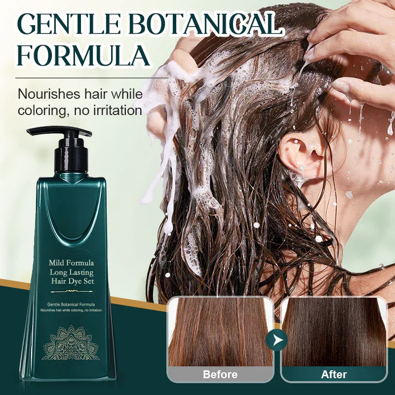 Gentle botanical hair dye set applying on woman’s hair, before and after color results, Clarioy