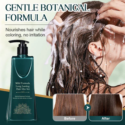 Gentle botanical hair dye set applying on woman’s hair, before and after color results, Clarioy