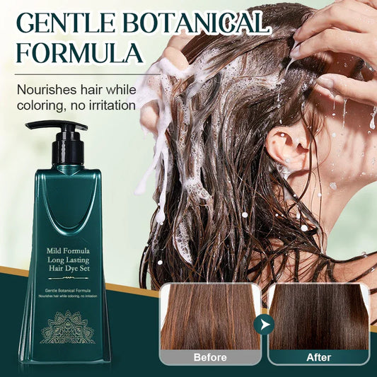 Gentle botanical hair dye set applying on woman’s hair, before and after color results, Clarioy