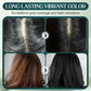 Before and after images showing hair color transformation with vibrant, long-lasting dye and gray coverage.
