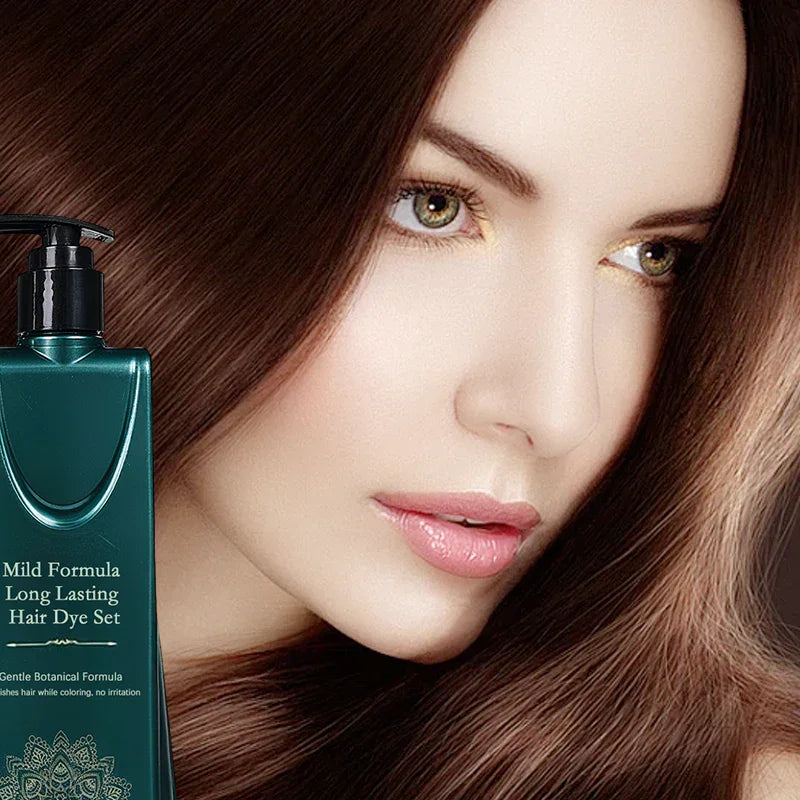 Woman with smooth brown hair and Mild Formula Long Lasting Hair Dye Set bottle, clarioy auto tools homeware electronic store