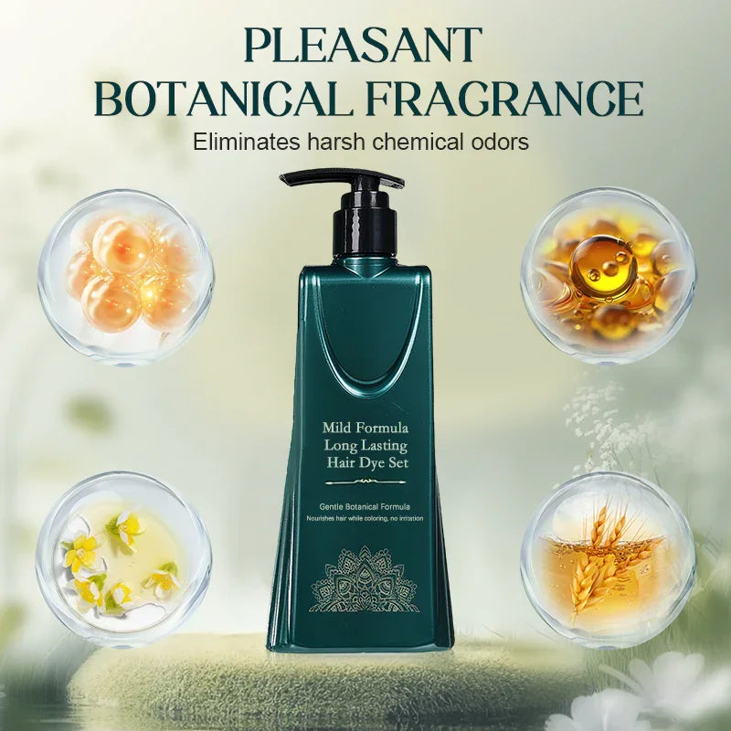 Mild formula long lasting hair dye set with botanical fragrance, featuring green bottle and natural ingredients.