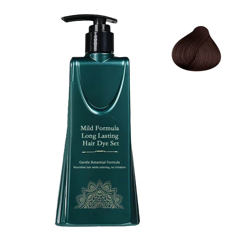 Green bottle labeled 'Mild Formula Long Lasting Hair Dye Set' with dark brown hair sample
