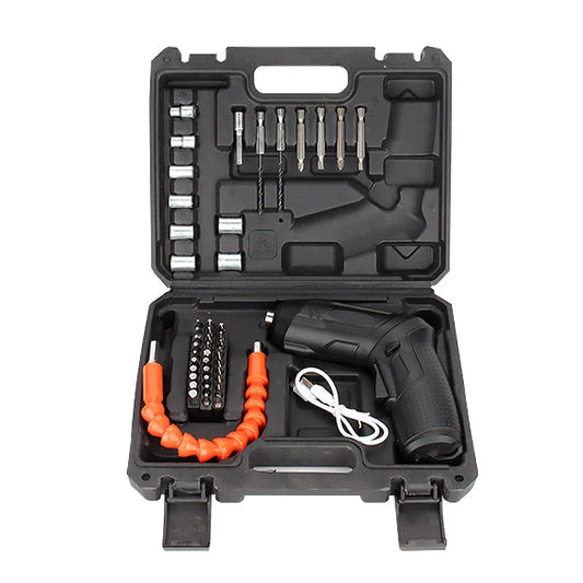 Cordless electric screwdriver tool kit with drill bits, sockets, and flexible extension in black carrying case