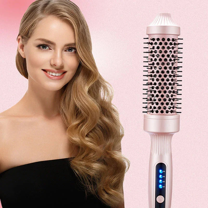 Woman with wavy hair and pink heated hair brush, premium beauty tool from clarioy