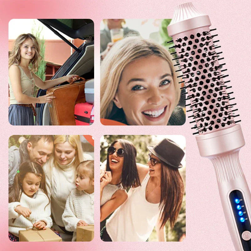 Women using clarioy pink hair styling brush, with smiling friends and family in lifestyle settings