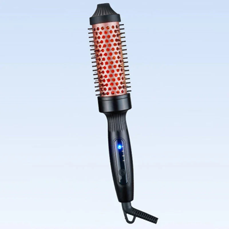 Clarioy heated round hair brush with black handle and LED indicator on blue background