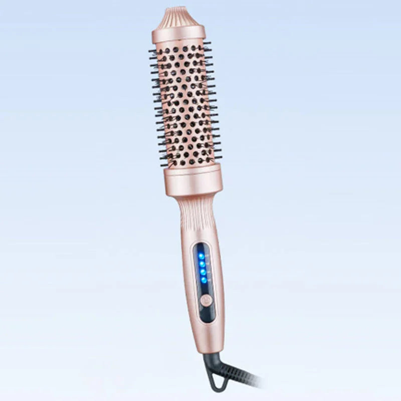 Rose gold electric hair styling brush with LED display on light blue background, clarioy homeware