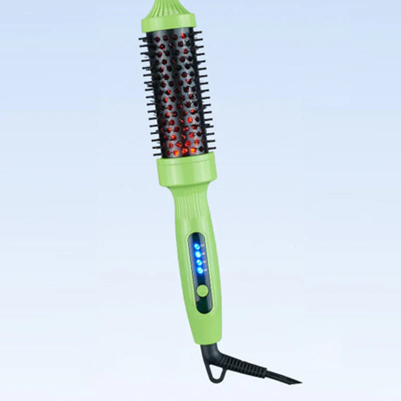 Green electric hair styling brush with LED display and heated bristles on light blue background