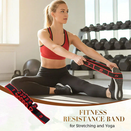Woman using fitness resistance band for stretching in gym, clarioy yoga and workout accessory
