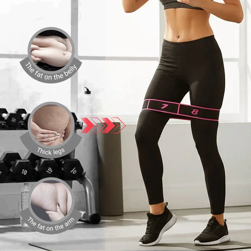 Woman using resistance band for leg workout in gym, clarioy fitness gear focus