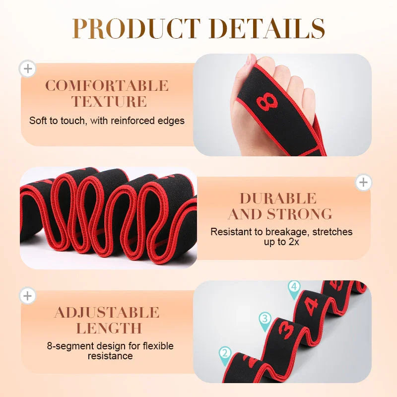 Black and red resistance band with numbered segments, flexible and strong, premium home fitness tool from clarioy.