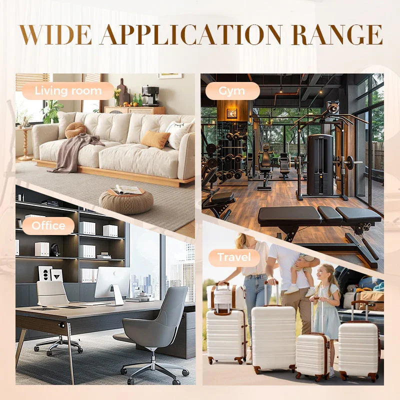 Collage showing living room, gym, office, and family travel with suitcases, highlighting clarioy product versatility.