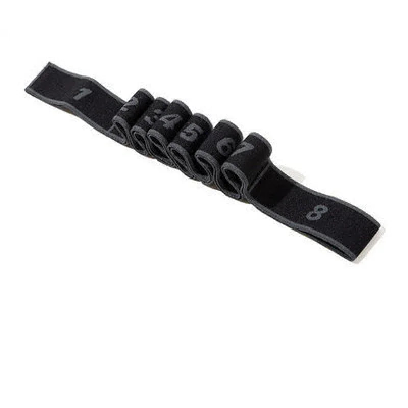 Black numbered stretch exercise band with eight loops, fitness gear from clarioy