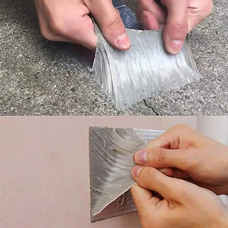 Hands applying silver waterproof repair tape to cracked concrete and a wall, clarioy home improvement tool.