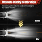 Before and after comparison of car headlights restored for clarity, showcasing Clarioy auto tools.