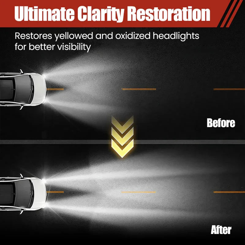 Before and after comparison of car headlights restored for clarity, showcasing Clarioy auto tools.