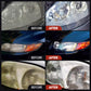 Before and after comparison of car headlights restored with clarioy auto tools, showing clear lenses.