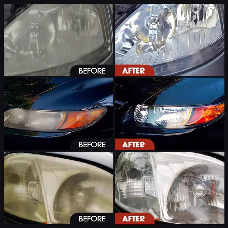Before and after comparison of car headlights restored with clarioy auto tools, showing clear lenses.