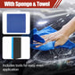 Auto cleaning kit with blue towel and sponge from clarioy, shown wiping a car hood.