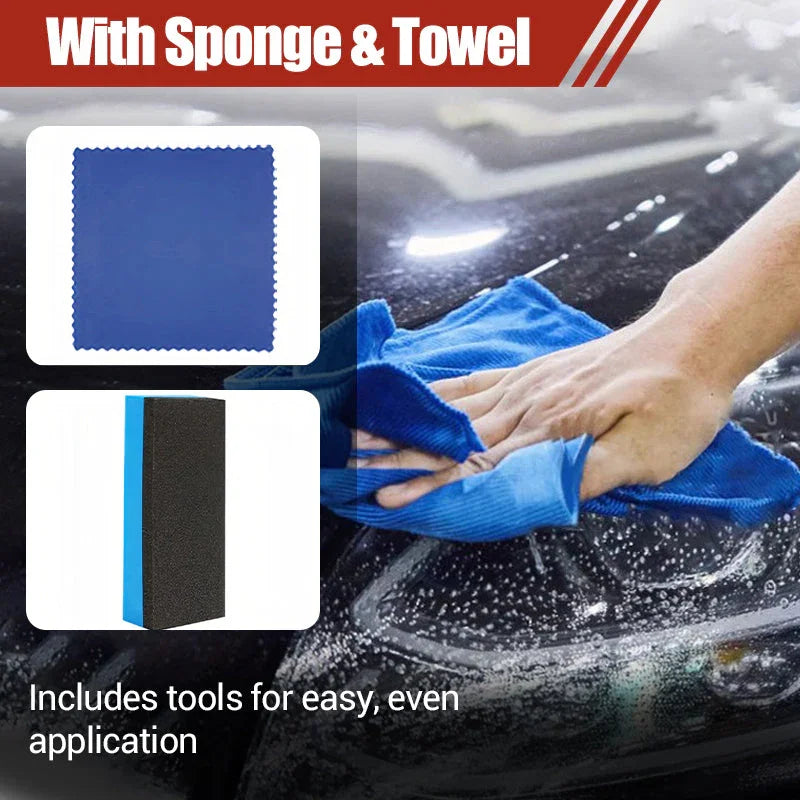 Auto cleaning kit with blue towel and sponge from clarioy, shown wiping a car hood.