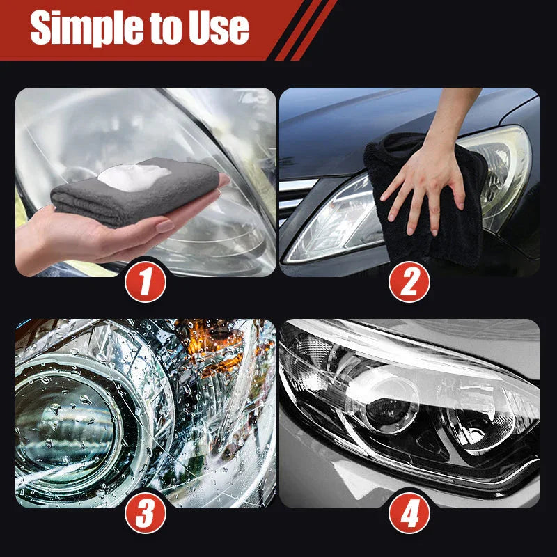 Easy headlight restoration steps with cleaning cloth on car headlights, auto care by clarioy