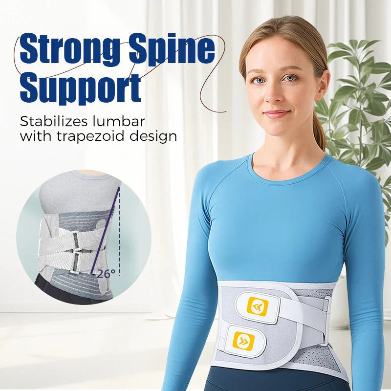 Woman wearing clarioy spine support lumbar brace for back pain relief at home