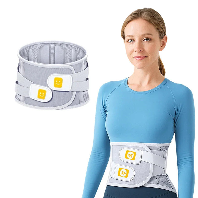 Woman wearing a gray back support belt with yellow accents, premium home health product from clarioy.