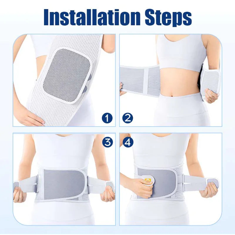 Step-by-step guide to wearing a gray adjustable back brace from clarioy, shown on a woman.