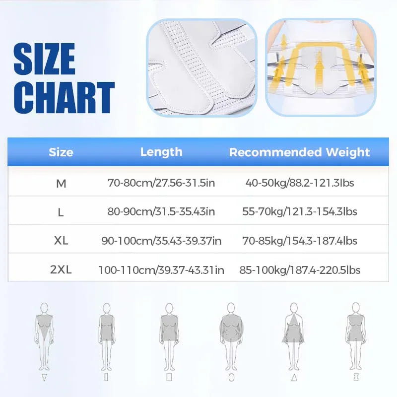 clarioy posture support belt size chart with length and weight guide, product details shown