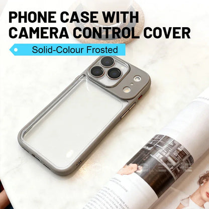 Solid-colour frosted phone case with camera control cover on marble table, clarioy electronics.