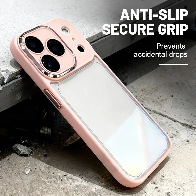 Pink anti-slip iPhone case with secure grip displayed on concrete, premium clarioy electronics accessory