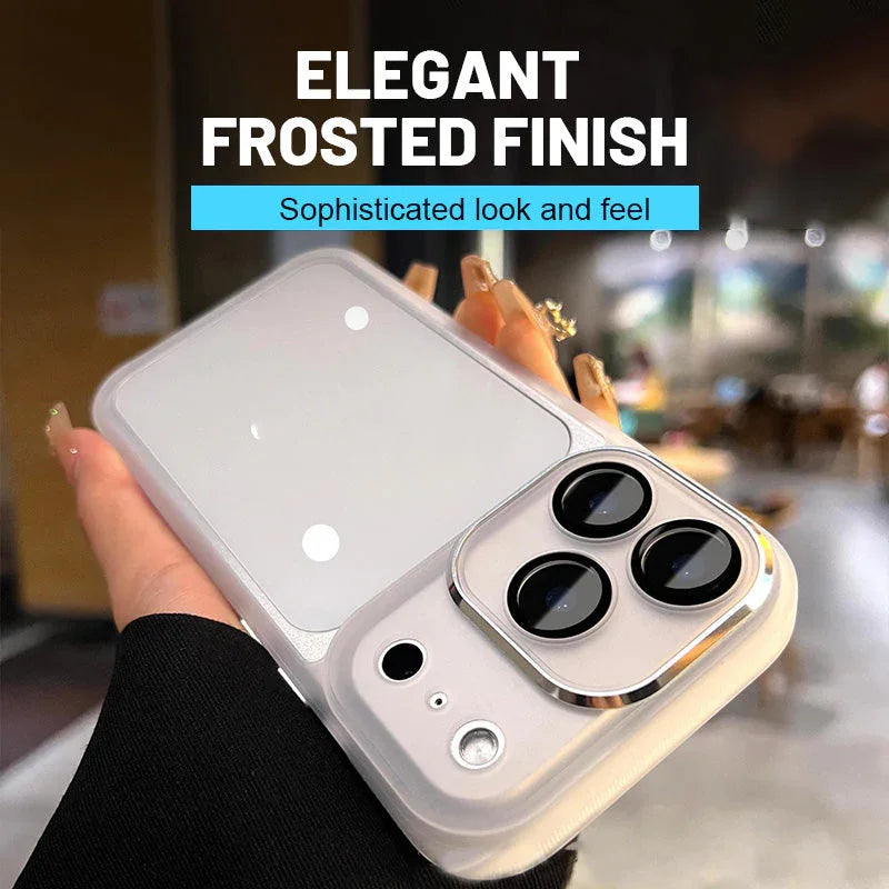 Elegant frosted iPhone case with triple camera design, shown in a stylish indoor setting, clarioy