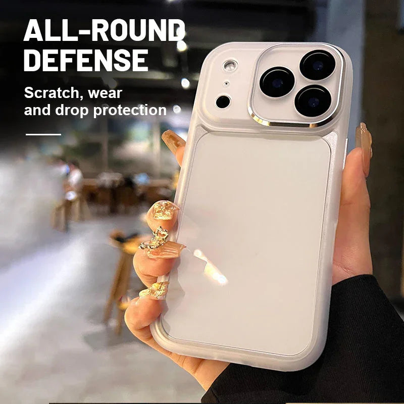 Woman holding white iPhone case with all-round defense, scratch and drop protection, clarioy