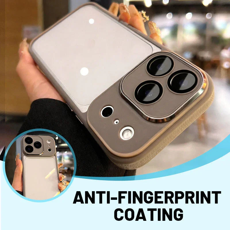 Clarioy iPhone case with anti-fingerprint coating, shown in hand, premium phone accessory