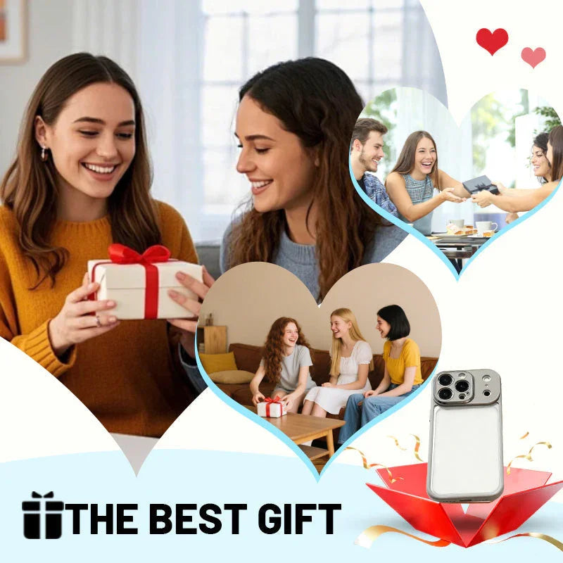 Women exchanging gifts, friends smiling, and iPhone case, perfect present from clarioy.