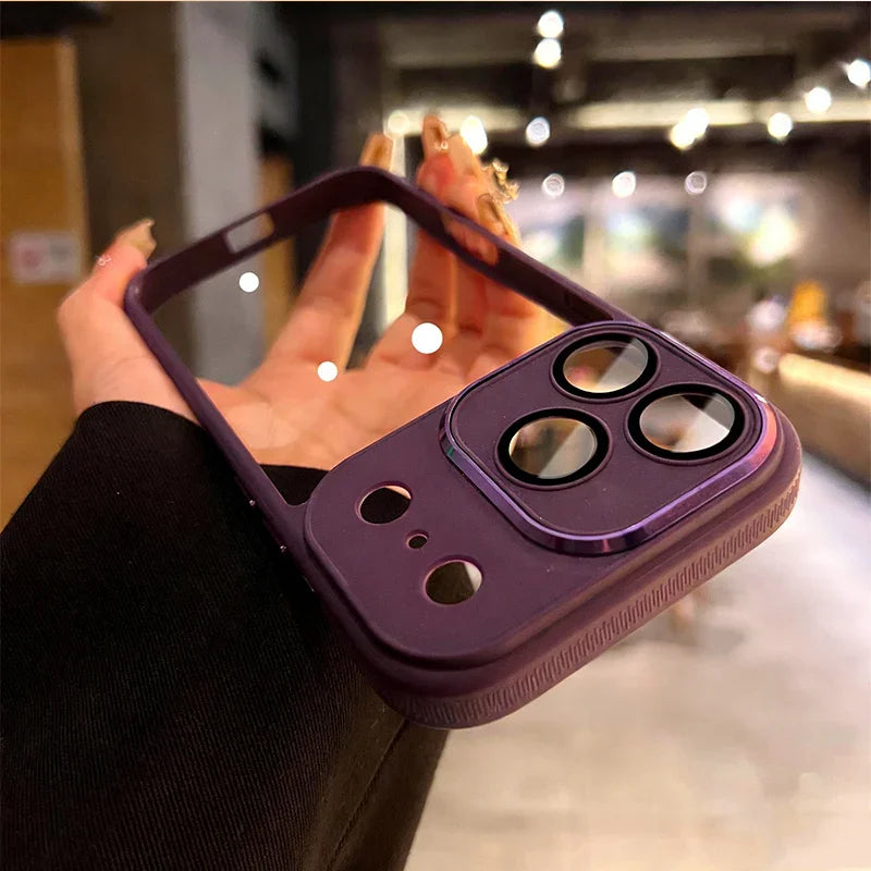 Purple iPhone case with camera lens protection held in hand, clarioy premium accessory