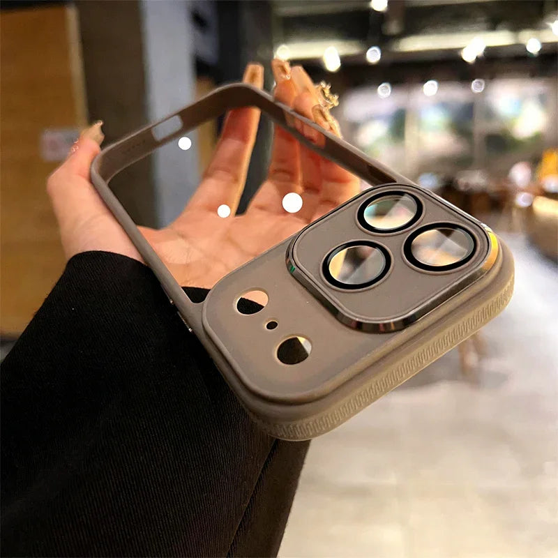 Hand holding a premium gray iPhone case with lens protectors, clarioy phone accessories