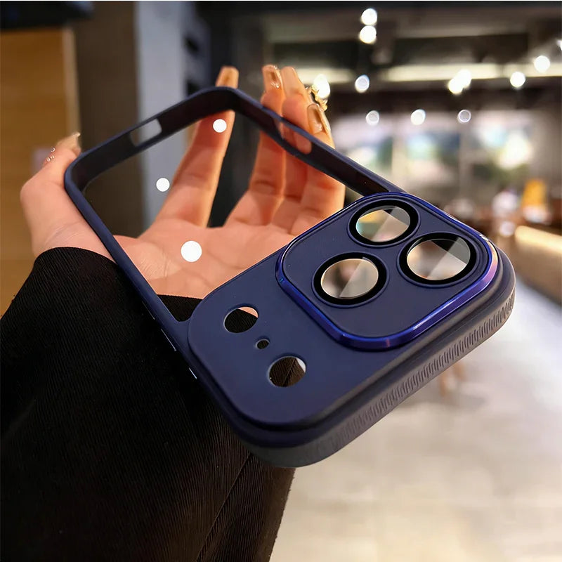 Blue iPhone case with camera lens protection held by hand, clarioy electronics accessory
