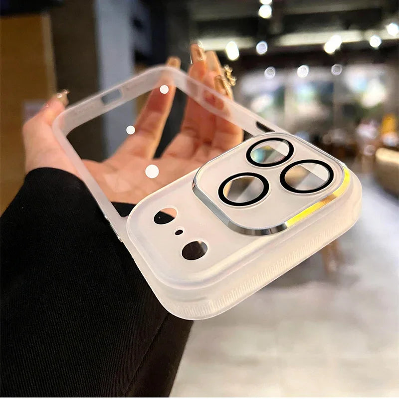 Clear iPhone case with reinforced camera protection, held in hand at clarioy store