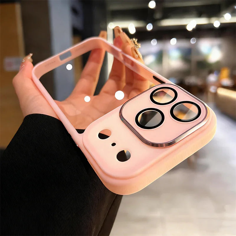 Hand holding pink iPhone case with camera lens protector, clarioy accessories