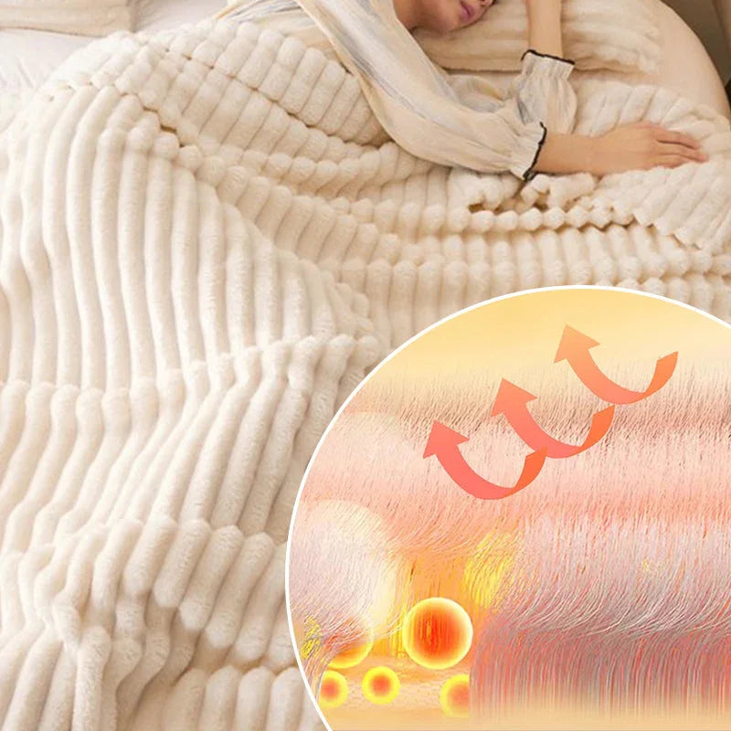 Woman sleeping under a plush cream blanket with insulation illustration, clarioy homeware