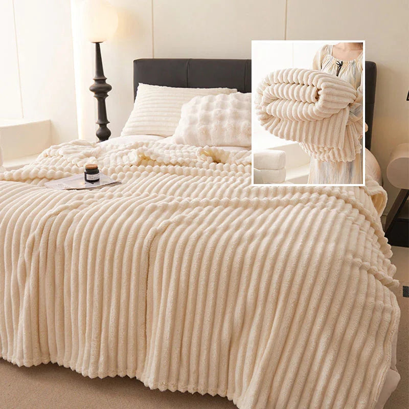 Cream ribbed plush blanket on modern bed, cozy bedding by clarioy