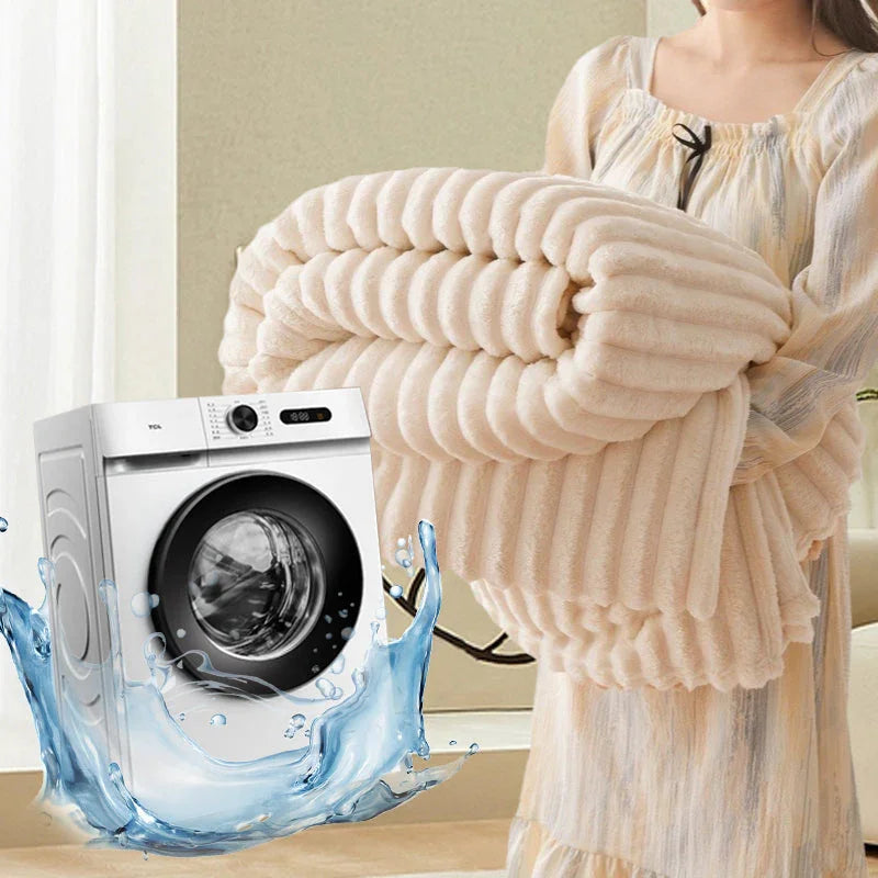 Woman holding plush beige blanket with washing machine and water splash, clarioy homeware