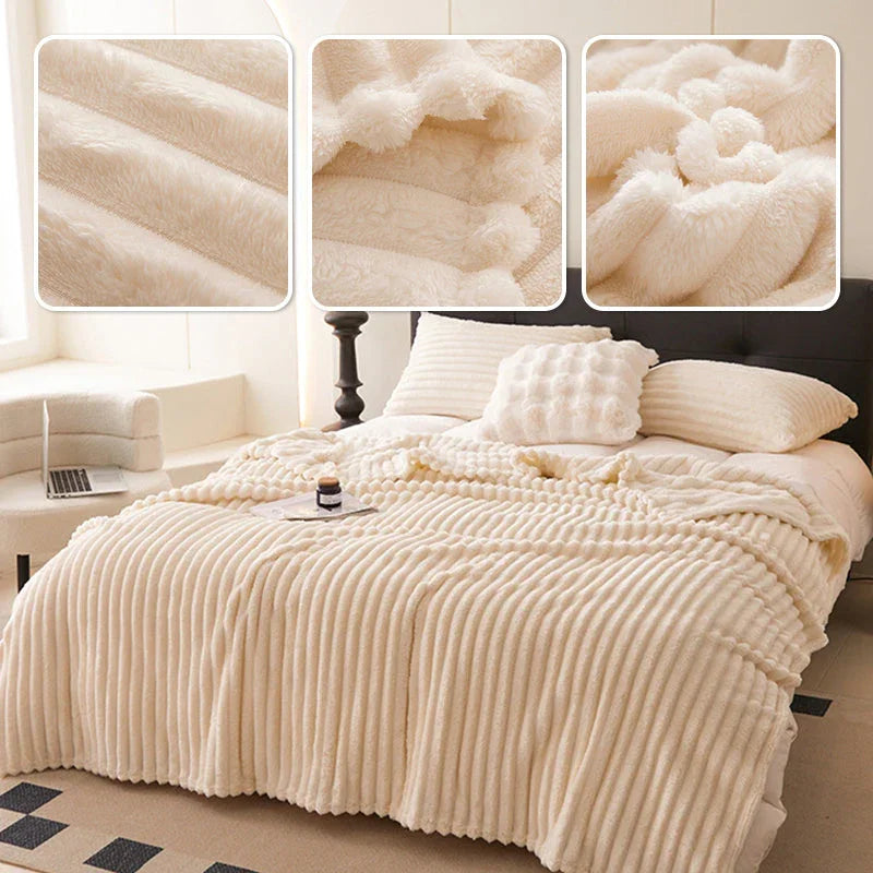 Luxury cream ribbed faux fur blanket on bed, cozy bedding detail, clarioy homeware