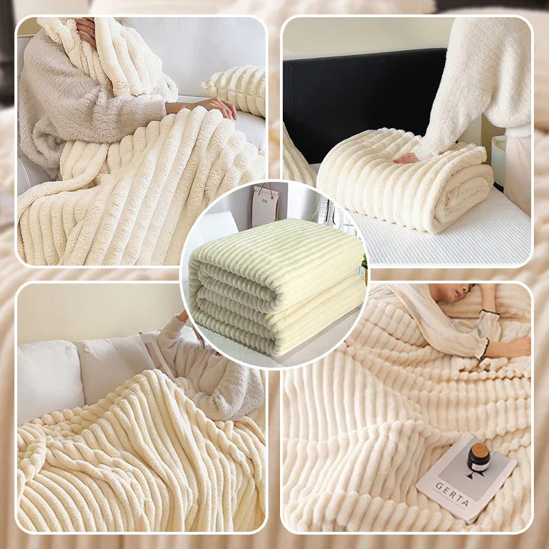 Soft cream ribbed plush blanket on bed and sofa, cozy homeware from clarioy